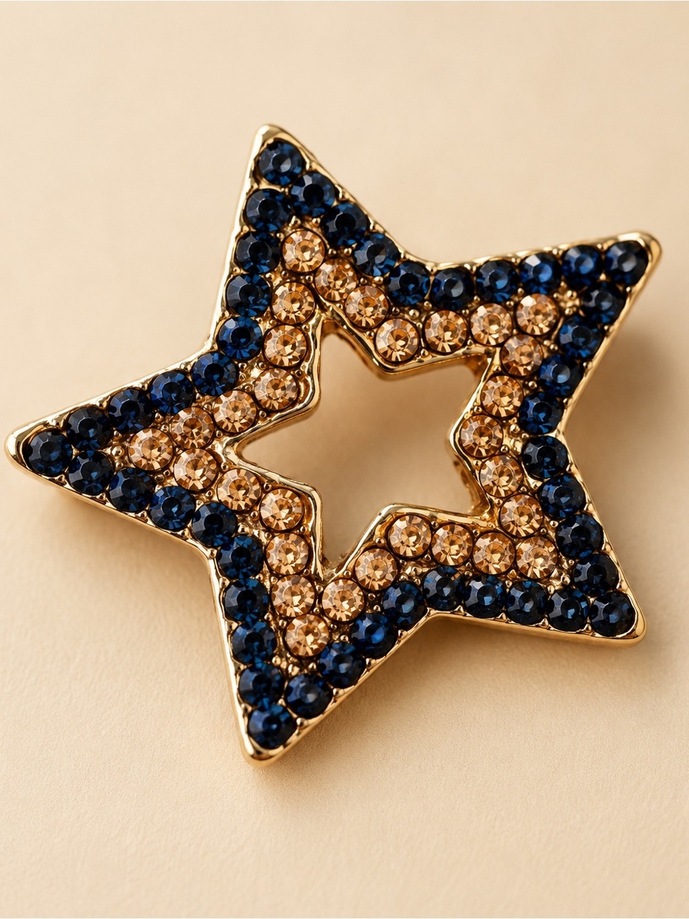 Gold Star Brooch with Blue and Champagne Crystals - Picture 3 of 6